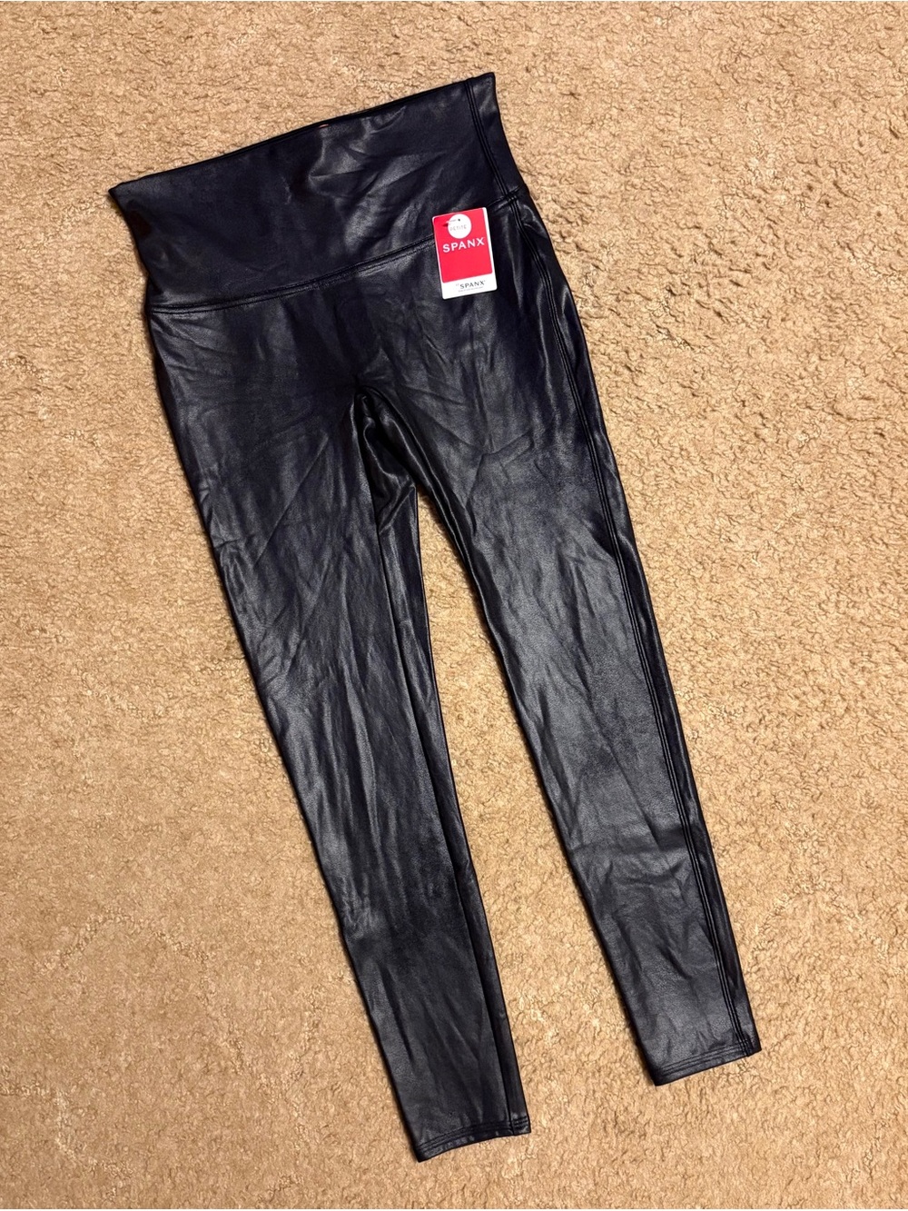 SPANX Black Faux Leather Leggings with Red Tag